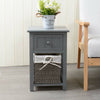 Grey Shabby Chic Bedside Unit Tables Drawers Cabinet + Wicker Storage Wooden UK