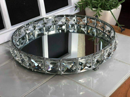 20 cm Round Diamante Mirrored Candle Plate Big Jewel Decorative Metal Glass Tray