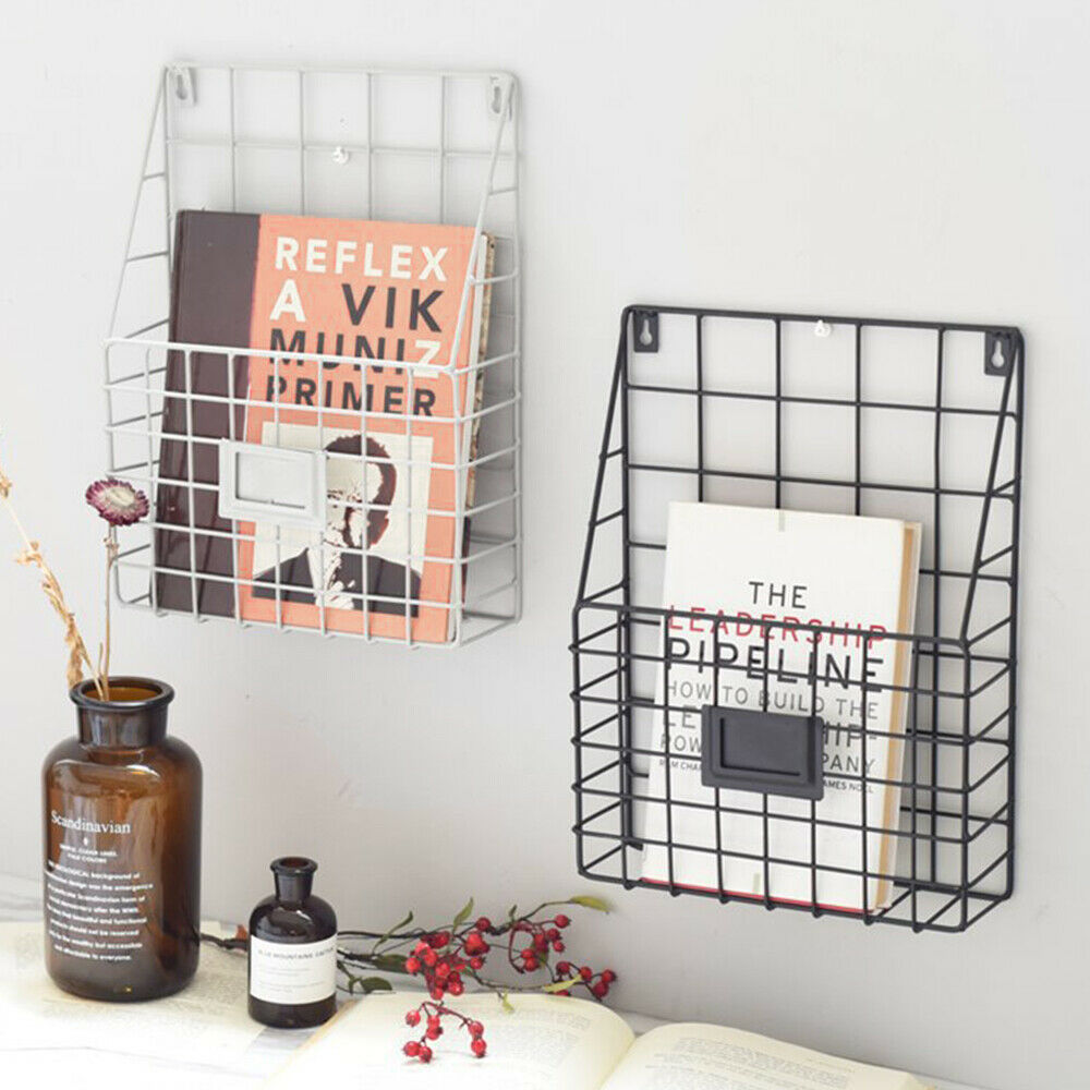 Simple Style Wire Magazine Newspaper Basket Wall Mounted Post Storage Rack Black