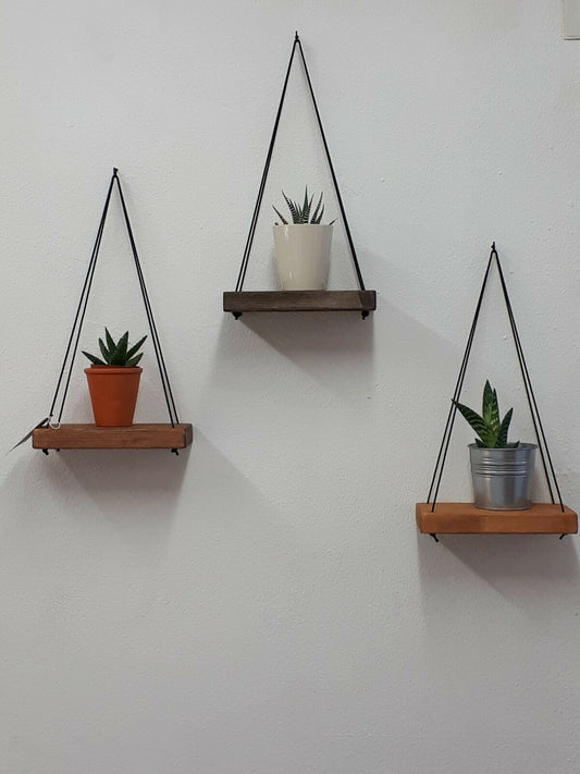 Rustic floating wall shelf with thin black rope