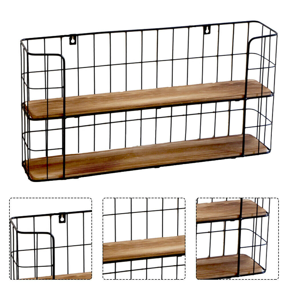 Retro Industrial Style Wall Shelf Shelving Unit Metal Wooden Storage Rack Black