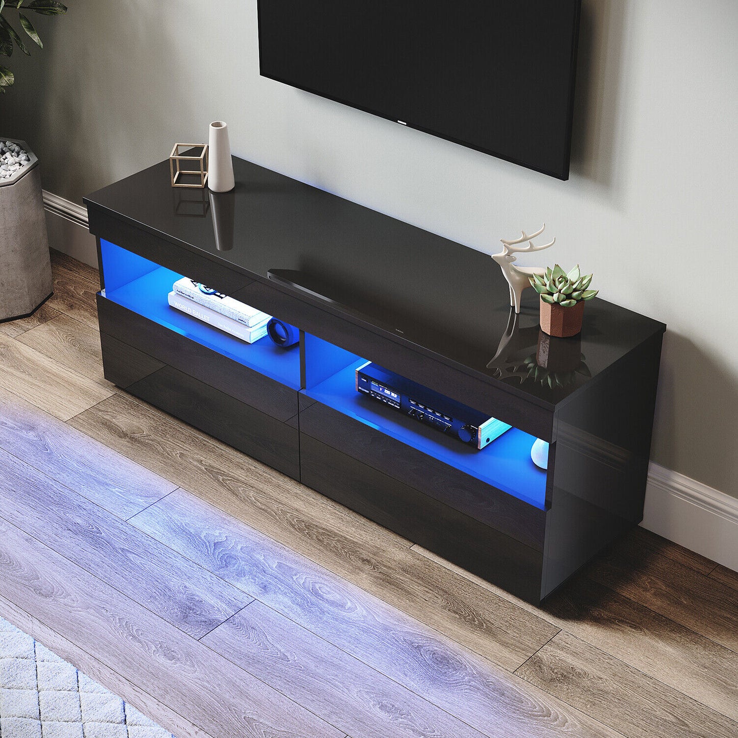 Black 120cm TV Stand Cabinet Unit High Gloss 2 Door Sideboard with LED Lights