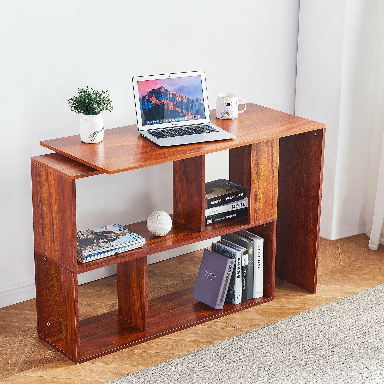 Brown L-shaped Computer Desk Corner PC Table Workstation Home Office w/ Shelves