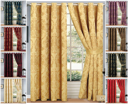 Ring Top Curtains Jacquard Fully Lined Ready Made Eyelet Curtain Pair 2 TieBacks