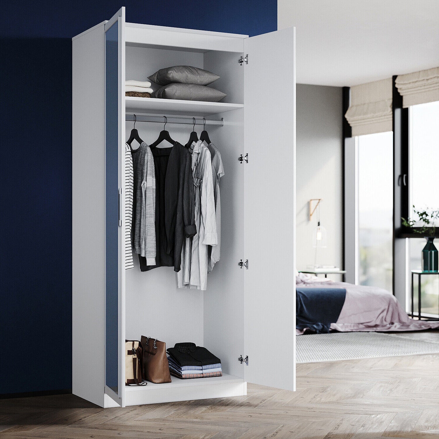 High Gloss 2 Door Wardrobe Bedroom Furniture Storage with Mirror Hanging Rail