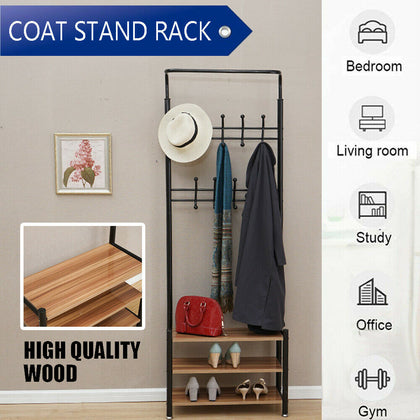 Metal Hat Coat Stand Clothes Shoes Rack Umbrella Bag Steel Stand w/Wooden Shelf