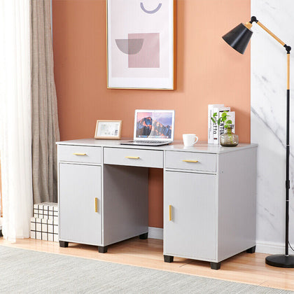 130cm Large Computer Desk Writing Table with 3 Drawers & 2 Door Home Office Grey