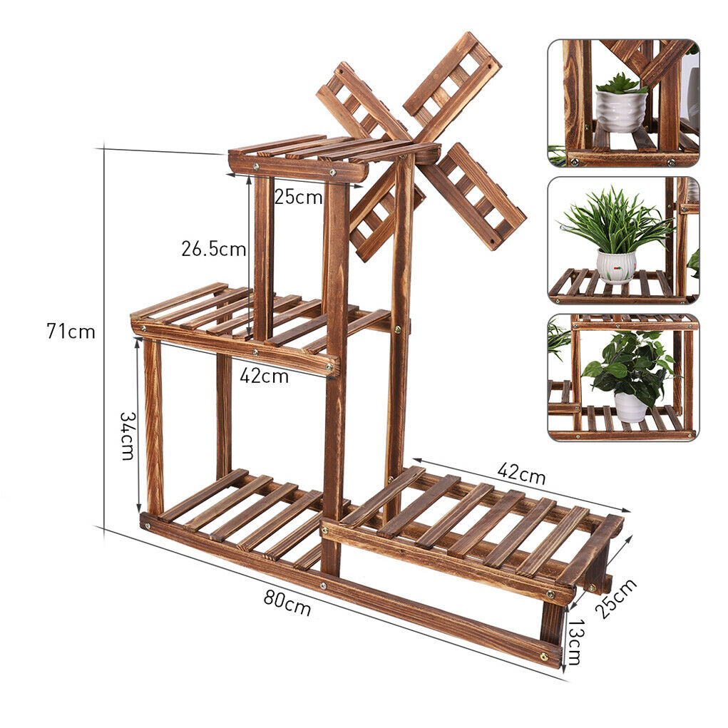 4 Tiers Flower Rack Wood Plant Stand Bonsai Display Shelf With Dutch Windmill