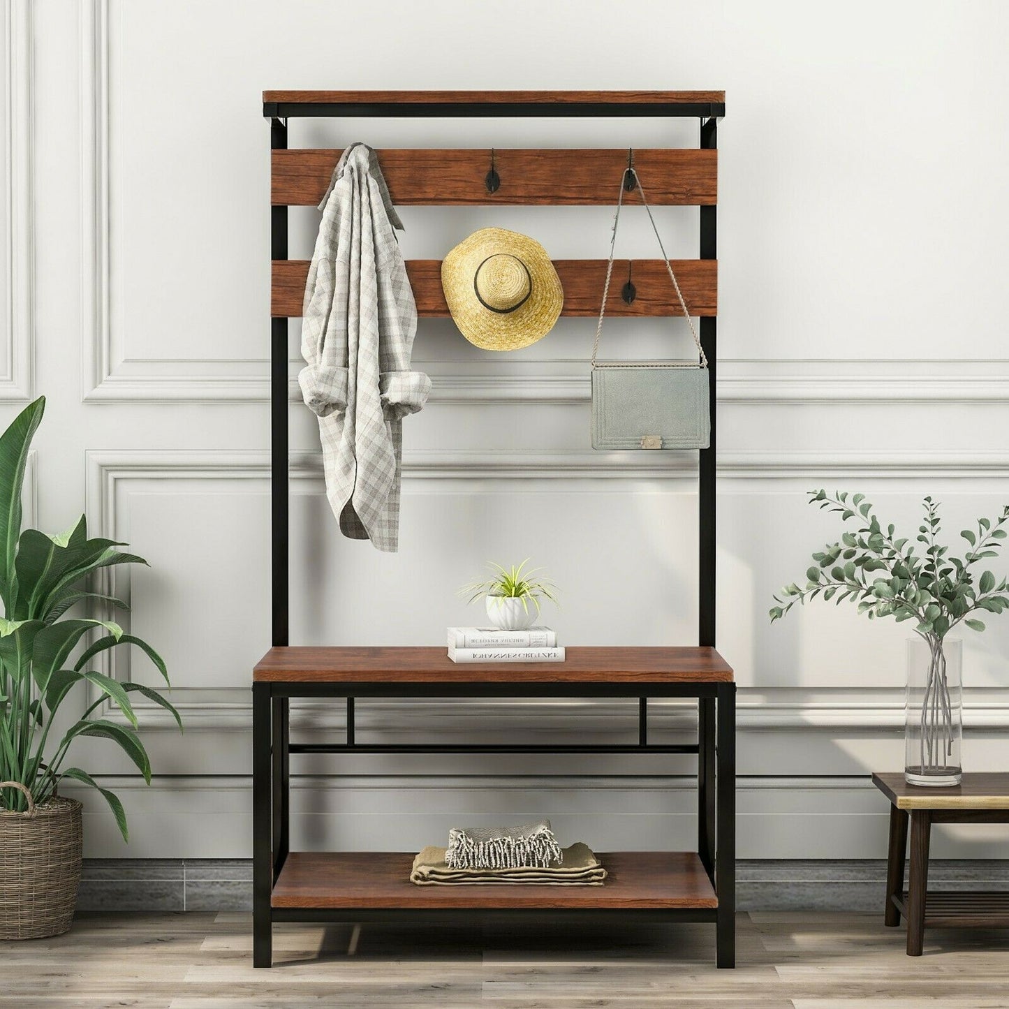 Coat rank Shoe Rack Hanging Bench Seat Hanger with Removable 6 Hooks Wood