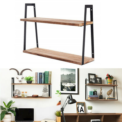 Wood Wall Shelf Bookshelf Rustic Metal Floating Hanging Shelves Kitchen Shelving