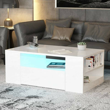 Modern High Gloss Living Room Coffee Tea Table Solid Wood with LED Storage Shelf