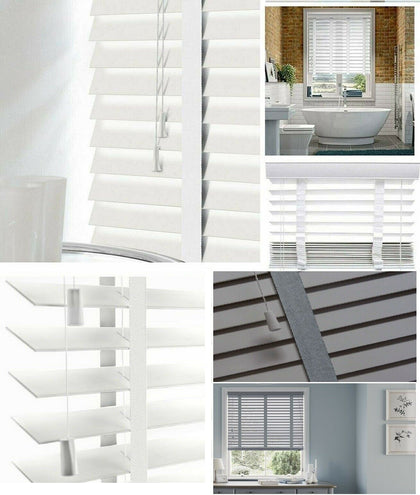 Faux Wood Window Venetian Blinds Blind With Tape 50mm Slats White Grey TRIMMABLE