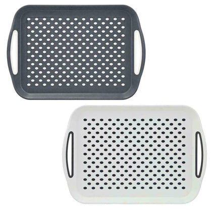 2 x Anti-Slip Plastic Serving Tray With High Grip Rubber Surface - White & Grey