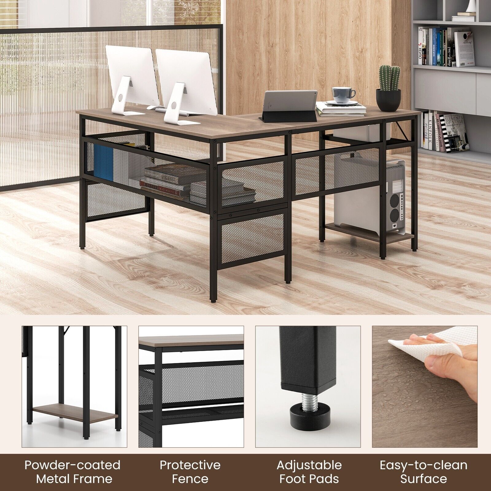 Left Corner Computer Desk L-Shaped Corner Computer Desk Reversible Corner Workstation with Mesh ...