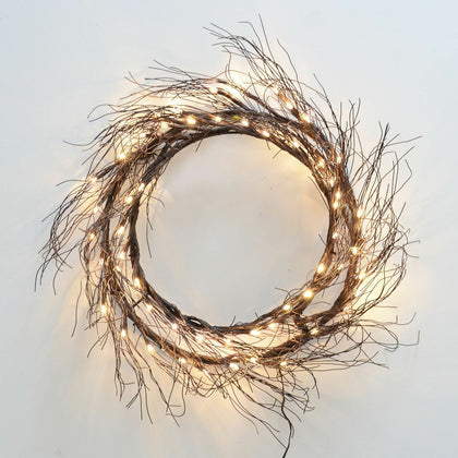 40cm Pre Lit Brown Twig Wreath With Warm White LEDs Christmas Door Decoration
