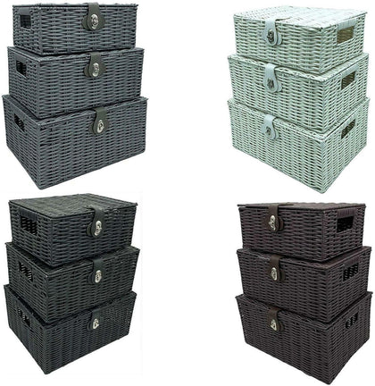 Faboer Set of 3 Resin Wicker Woven Storage Baskets Hamper Box With Lid & Lock