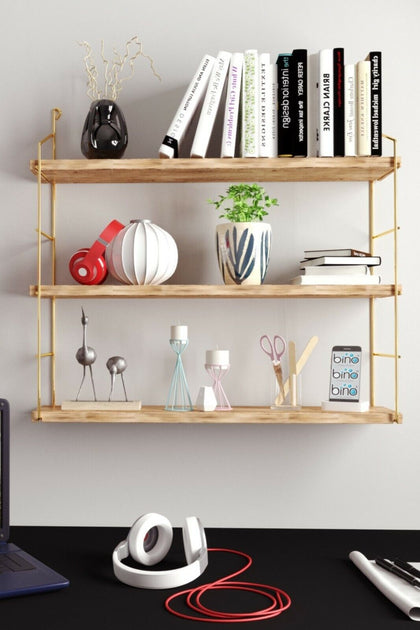 3 Tier Mounted Wall Floating Shelves. Decorative Shelf. Gold Metal & Solid Wood.
