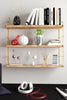 3 Tier Mounted Wall Floating Shelves. Decorative Shelf. Gold Metal & Solid Wood.