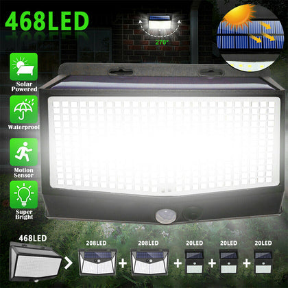 Solar Powered 468LED Wall Security Lights PIR Motion Sensor Garden Outdoor Lamps