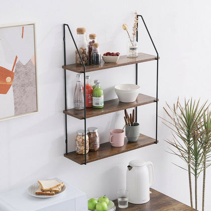 3 Tier Shelf Wall Hanging Shelves Metal Frame Wooden Shelf Storage Display Rack