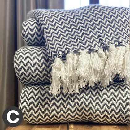 Luxury 100% Cotton Charcoal Grey White Herringbone Large Sofa Bed Throw Blanket