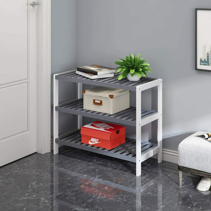 Vencier 3 TIER NATURAL BAMBOO GREY SHOE RACK ORGANISER STAND STORAGE SHELF UNIT