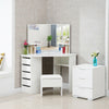 White Wood Corner Dressing Table Corner Makeup Desk 5 Drawer 3 Mirror and Stool