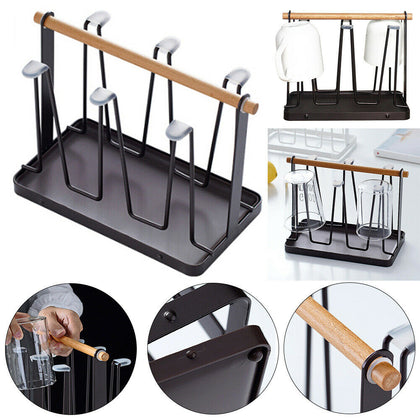 Metal 6 Cup Mug Tree Stand Holder Table Top Kitchen Storage Rack w/Drainer Plate
