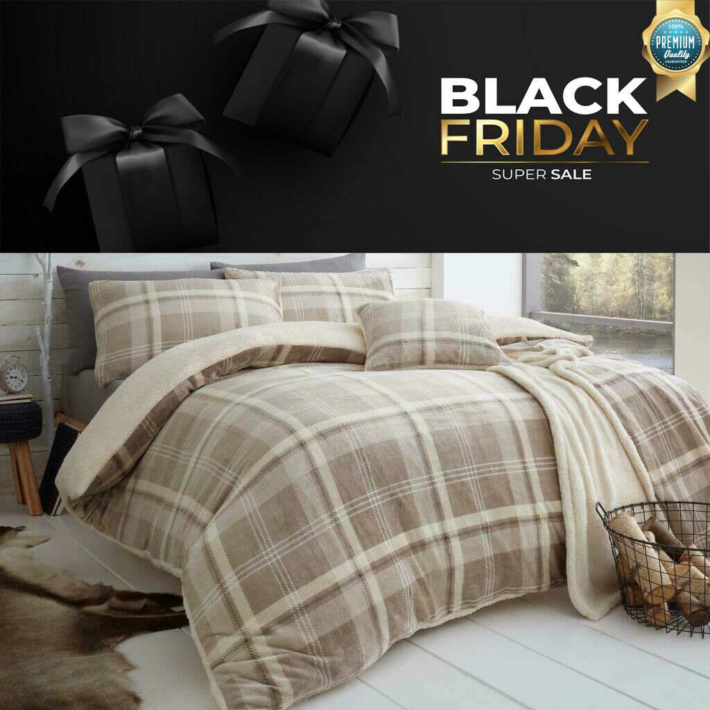 Tartan Fleece Duvet Cover Checked Soft Quilt Set Warm & Cosy Bedding All Sizes