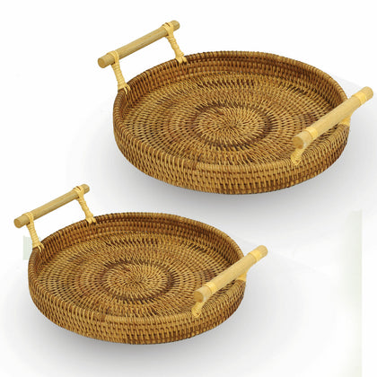 Set of 2 Rattan Serving Trays Coffee Table Tray Bread Basket with Handles M&W