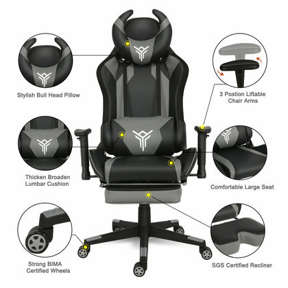 Racing Gaming Chair Swivel PU Computer Desk Office Chair Ergonomic Recliner Grey