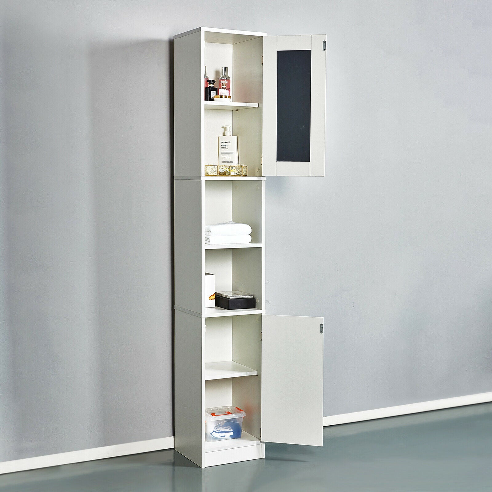 Bathroom Cabinet Shelf Mirror Door Tallboy Cupboard Unit Storage White 180 CM