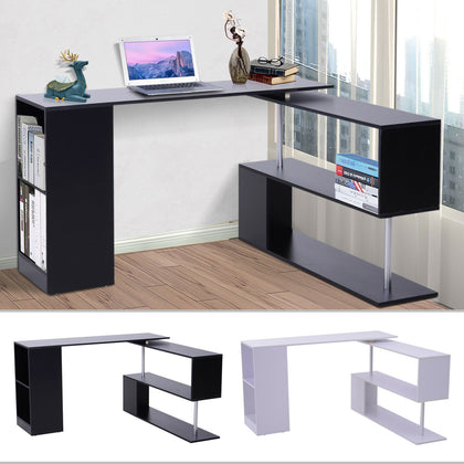 360° Rotating Corner Desk Storage Shelf Combo Workstation L-Shaped Table Office