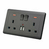 Double Wall Plug Socket 2 Gang 13A w/ 2 USB Charger Port Outlets Black Plate UK