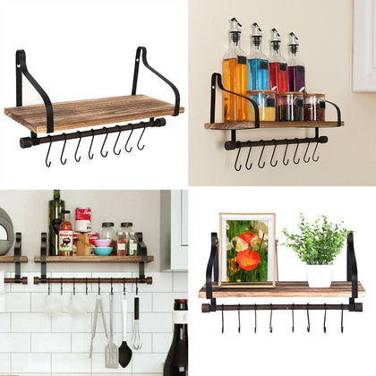 Industrial Wood Living Bathroom Shelf Shelves Floating Wall Mounted with 8 Hooks