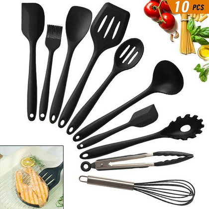 10Pcs Kitchen Silicone Cooking Utensils Set Non-stick Spatula Turner Black UK
