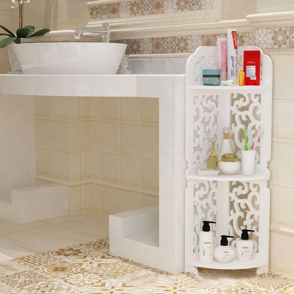 Free Standing Corner Shelf Unit 3 Tier White Storage Rack Bathroom Organizer UK
