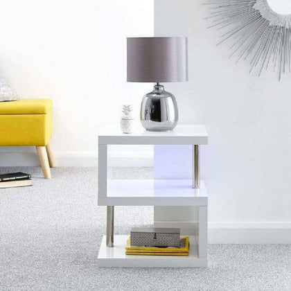 White Coffee Table Bedside Side Table 2 Shelves Storage Nightstand Furniture LED