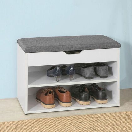 White Wood 2 Tiers Shoe Storage Bench Cabinet with Padded Seat,FSR25-HG,UK