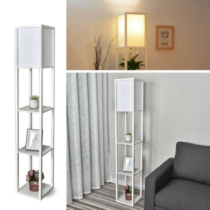 Shelf Floor Lamp with Shade Free Standing Light 3-Tier Open Shelf Storage White
