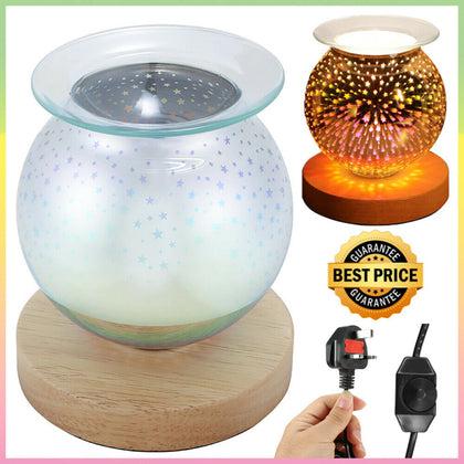 Desire Aroma 3D Glass Electric Lamp Firework Wax Melt Oil Burner w/ Wood Base UK