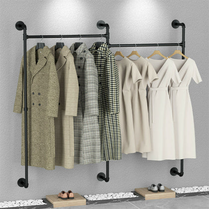 Industrial Pipe Clothes Rail Wall Mounted Garment Coat Rack Heavy Duty Long Pole