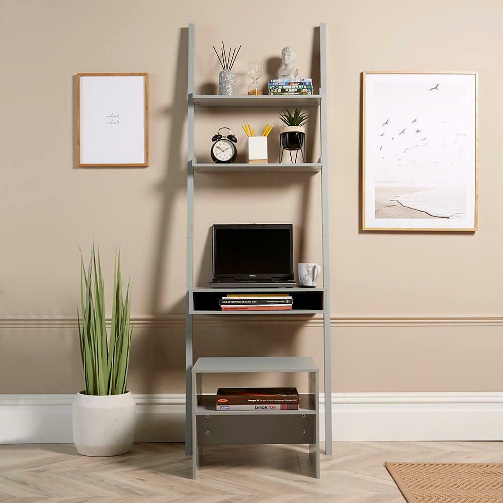 Grey 3 Tier Ladder Desk Unit Home Office Shelving Storage with Stool Included
