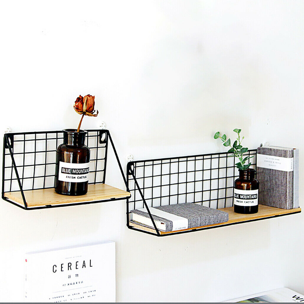 Vintage Industrial Wall Mounted Shelf Unit Metal Wire Floating Shelves Wood Rack