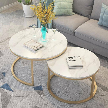 2pcs Marble Vein Round Coffee Tables Set Sofa Side Nested End Tables Living Room
