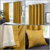 Ochre Mustard Eyelet Curtains 100% Cotton Plain Lined Ring Top Curtains Pair