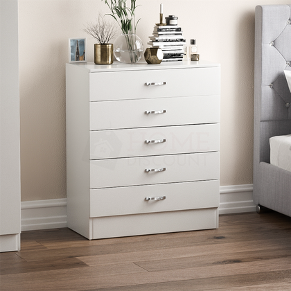Riano 5 Drawer Chest White Wood Dresser Bedroom Storage Furniture Unit