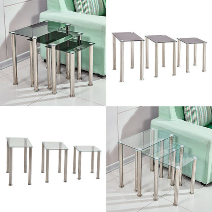 Nest of 3 Black Clear Glass Side End Lamp Sofa Table Metal Legs Living Room
