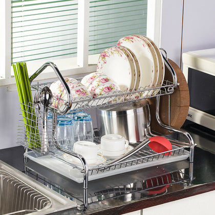 2 TIER CHROME PLATE DISH CUTLERY CUP DRAINER RACK DRIP TRAY PLATES HOLDER NEW