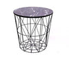 Round Modern End Side Table Black Coated Metal & Marble Effect Wood Lamp Coffee